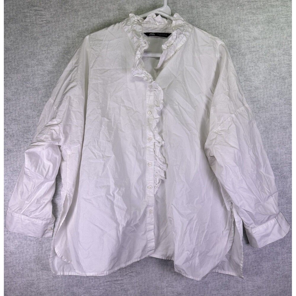 Zara Shirt Womens Size Large White Cottage Core Button Up Ruffle Trim Blouse Top